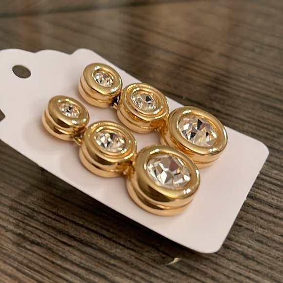 Vintage Swarovski Crystal Three Stone Drop Earrings, Gold-tone - Picture 14 of 16